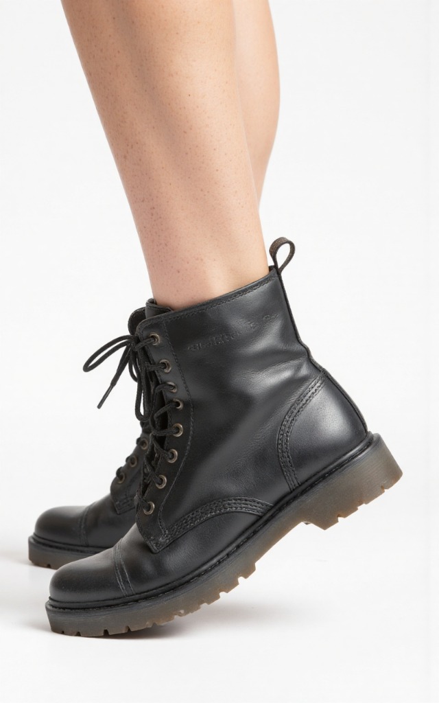 A female model wearing combat boots, against a white background, with a close   up of the feet